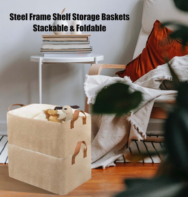 AARainbow AARAINBOW 4 Pcs Closet Clothes Organizer with Handle  Fabric Storage Box with Steel Frame Stackable Shelf Storage Baskets Foldable Wardrobe Organizer Baskets for Clothes Toys  23L (4 Beige) - Image 2