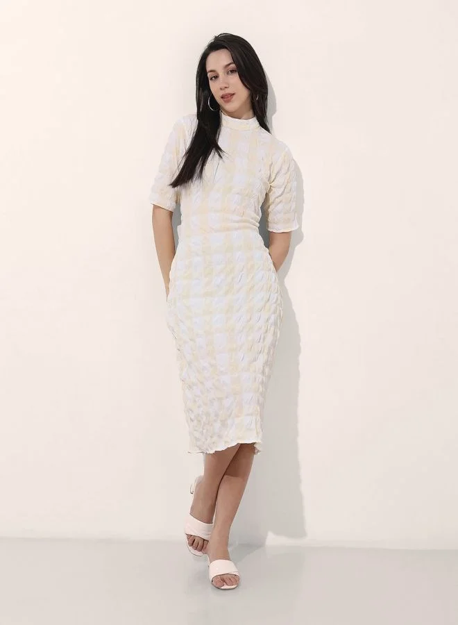 مرفوعة Women Regular Fit Textured Round Neck Long Sleeve Bodycon Dress