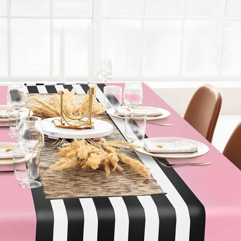 Oudain 3 Pcs Striped Tablecloth 108 x 54 Inch Rectangle Table Cover Disposable Plastic Table Cloth Waterproof Rectangle Tablecloth Plastic Table Cover for Birthday Wedding Brida (Black White Pink) - Image 4