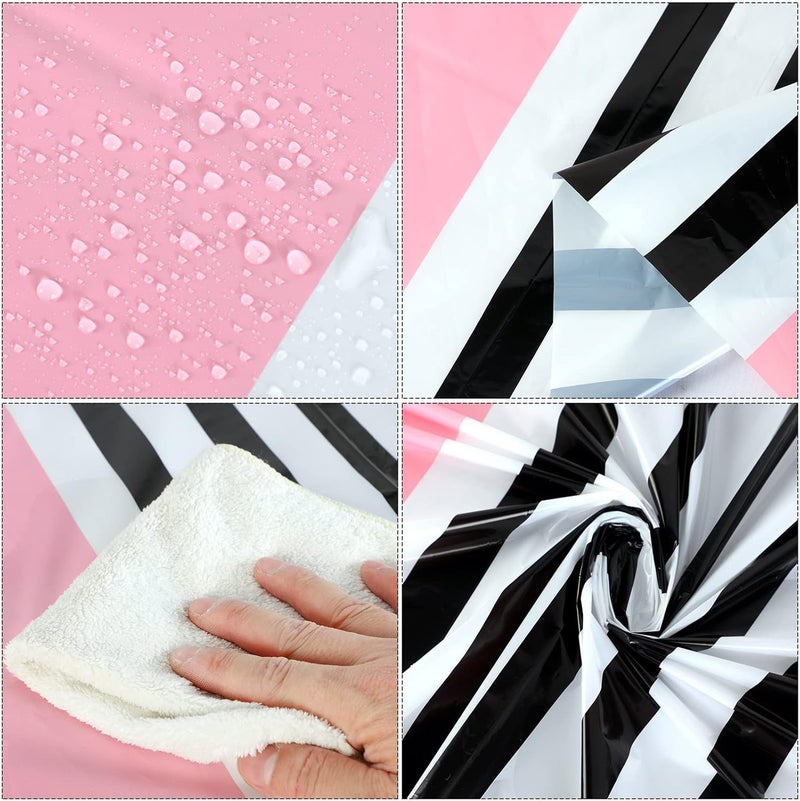 Oudain 3 Pcs Striped Tablecloth 108 x 54 Inch Rectangle Table Cover Disposable Plastic Table Cloth Waterproof Rectangle Tablecloth Plastic Table Cover for Birthday Wedding Brida (Black White Pink) - Image 3