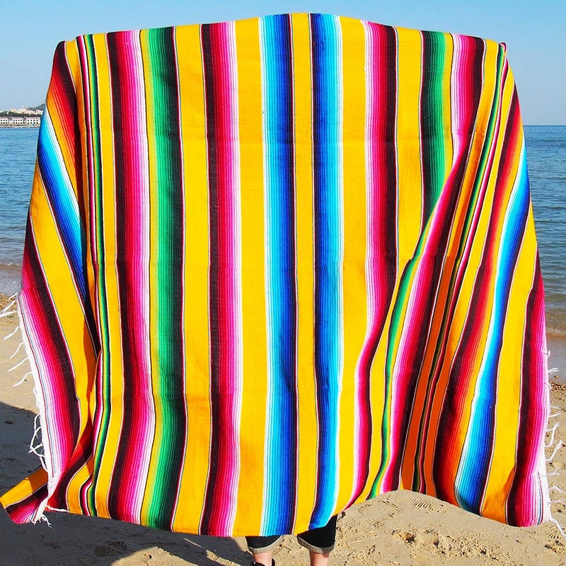 eccbox 84 x 59 Inch Mexican Tablecloth for Mexican Wedding Party Decorations Large Square Fringe Cotton Mexican Serape Blanket Bright Colors Table Cover Table Cloth Picnic Mat Yellow