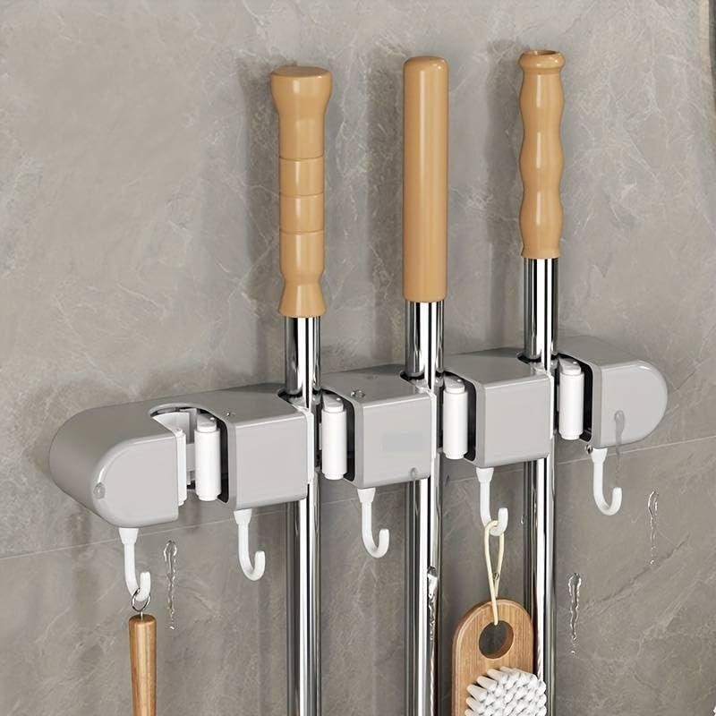 NISHIV Multifunctional Brooms and Mop Holder Wall Mounted Brooms Hanger for Home Garden Garage and Storage 4 Racks with 5 Hooks Toilet and Bathroom Accessories Household Item Organizer Supplies - Image 1