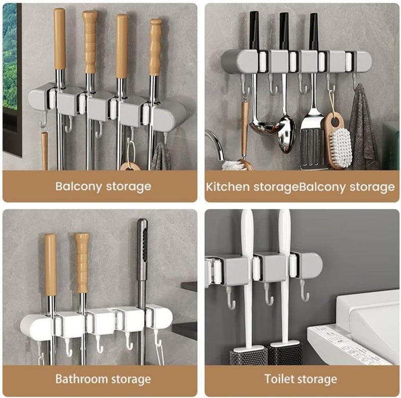NISHIV Multifunctional Brooms and Mop Holder Wall Mounted Brooms Hanger for Home Garden Garage and Storage 4 Racks with 5 Hooks Toilet and Bathroom Accessories Household Item Organizer Supplies - Image 2