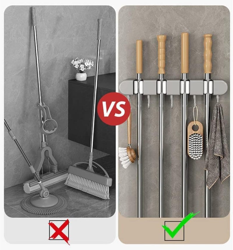 NISHIV Multifunctional Brooms and Mop Holder Wall Mounted Brooms Hanger for Home Garden Garage and Storage 4 Racks with 5 Hooks Toilet and Bathroom Accessories Household Item Organizer Supplies - Image 3