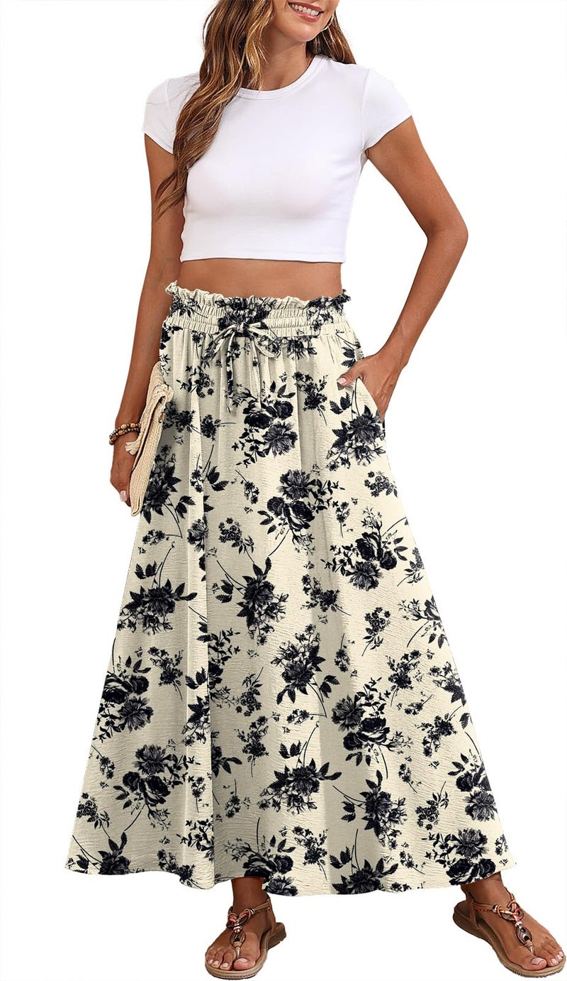 Askyes Womens Maxi Skirts Elastic High Waisted Casual Floral Flowy Wedding Guest Long Skirts with Pockets,M - Image 1
