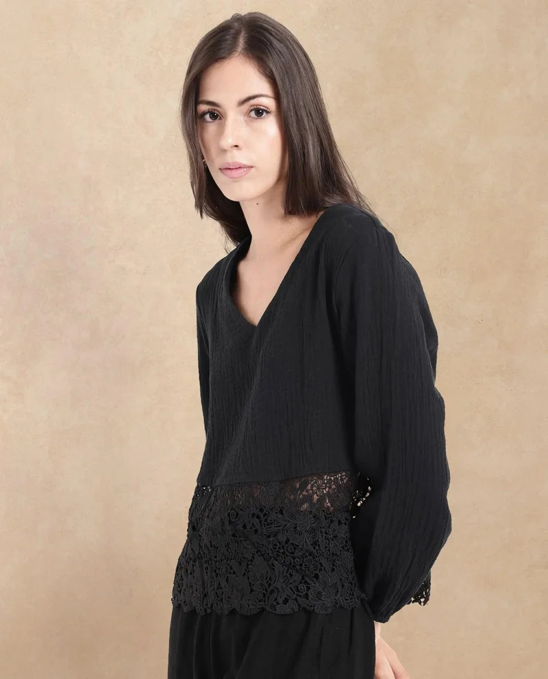 Rareism Women's Double Cloth Top With Lace Detail