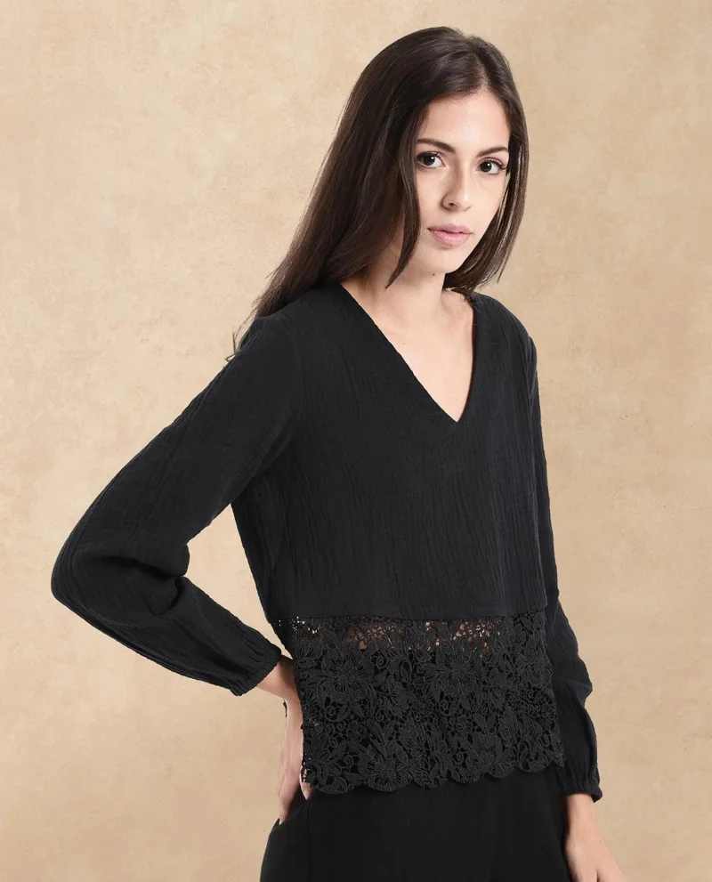 Rareism Women's Double Cloth Top With Lace Detail