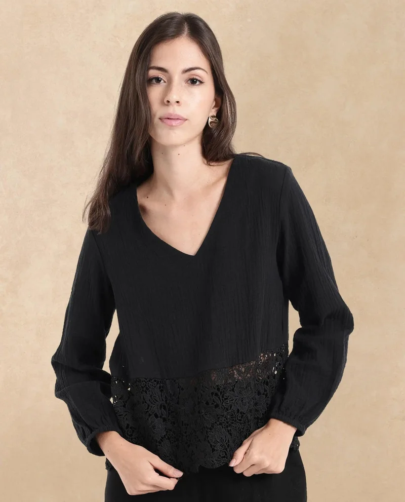 Rareism Women's Double Cloth Top With Lace Detail