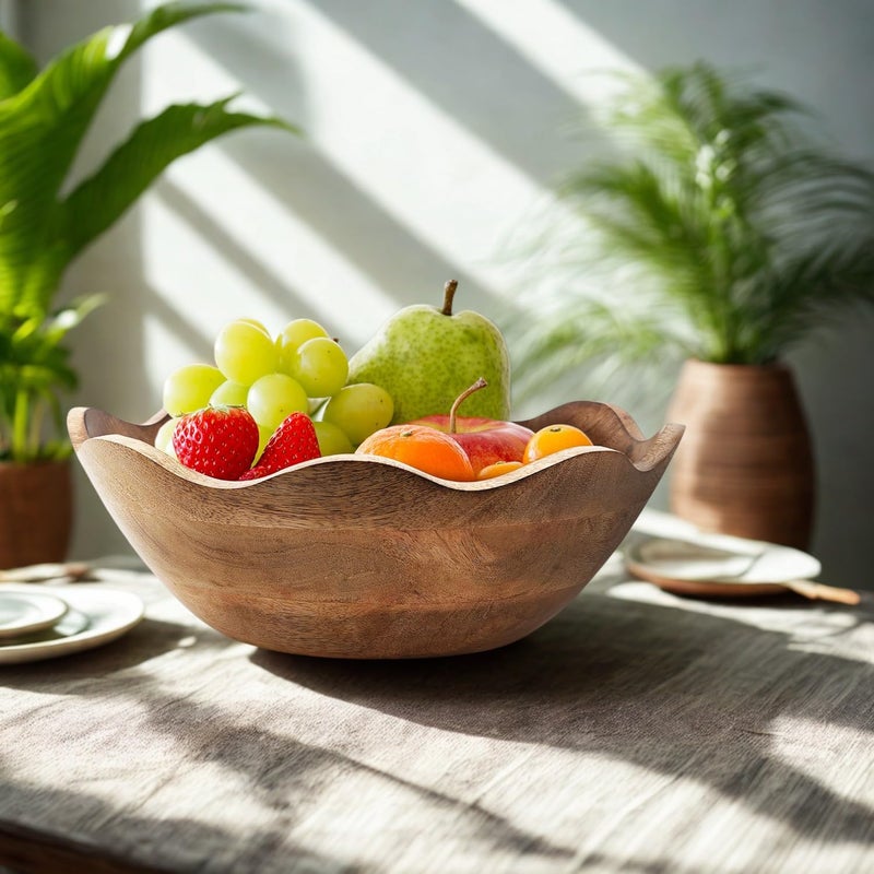 TrendBell Handmade Large Wooden Bowl Mango Wood Decorative Bowl for Veggies, Fruits Wooden Serving Scalloped Bowl Modern Rustic Home Decorations Home Party Wedding DÃ©cor 12 x 4.5 x 11 Inches - Image 4