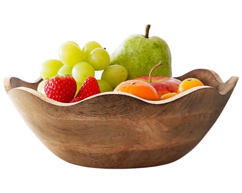 TrendBell Handmade Large Wooden Bowl Mango Wood Decorative Bowl for Veggies, Fruits Wooden Serving Scalloped Bowl Modern Rustic Home Decorations Home Party Wedding DÃ©cor 12 x 4.5 x 11 Inches - Image 1