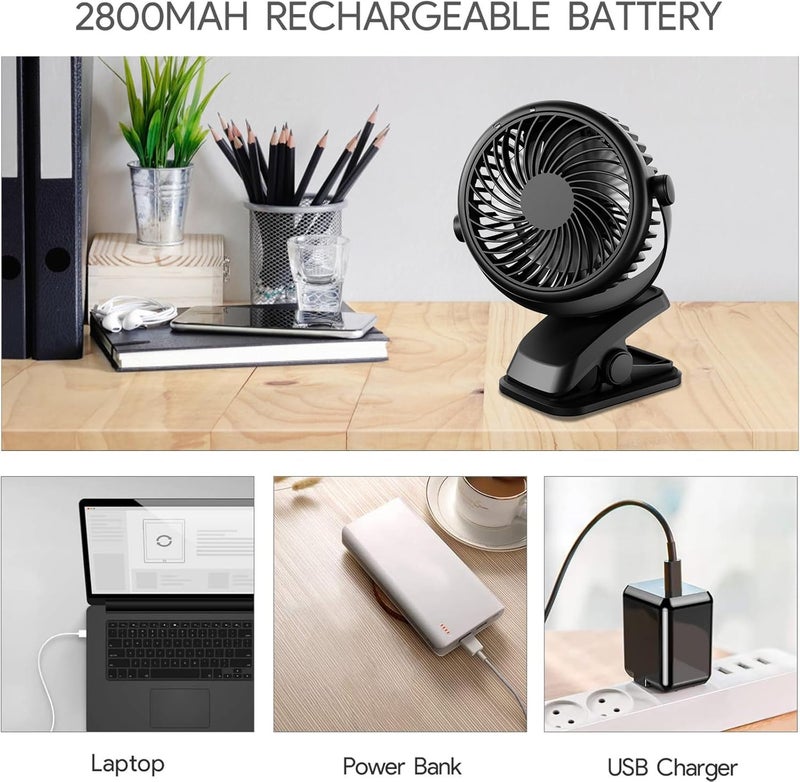 Biutee Qhui Mini USB vantilatör, taşınabilir klipsli masa vantilatörü, 2800 mAh şarj edilebilir pil, 3 hız kademesi, 360° dönüş, sessiz masa vantilatörü, yatak odası, ofis, bebek arabası için küçük - Image 4