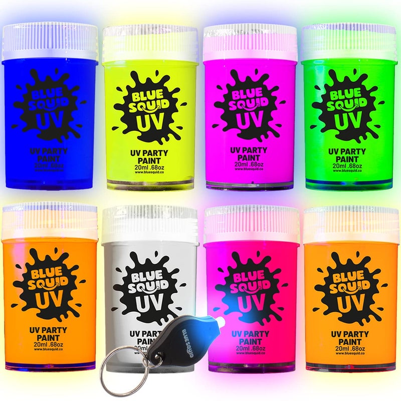 Blue Squid UV Body Paint - Glow in the Dark Body Paint, Neon Face Paint for Glow Party Accessories - Safe, Non-Toxic Black Light Glow Makeup for Adults & Kids, Multicolor 8 x Pots with Mini UV Light - Image 1