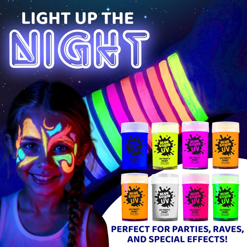 Blue Squid UV Body Paint - Glow in the Dark Body Paint, Neon Face Paint for Glow Party Accessories - Safe, Non-Toxic Black Light Glow Makeup for Adults & Kids, Multicolor 8 x Pots with Mini UV Light - Image 4