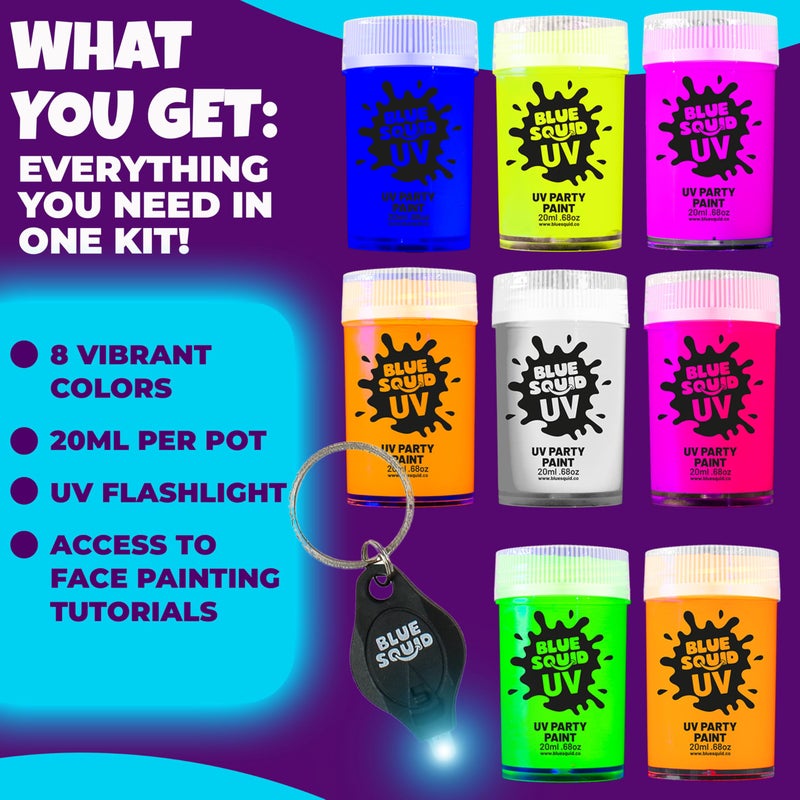 Blue Squid UV Body Paint - Glow in the Dark Body Paint, Neon Face Paint for Glow Party Accessories - Safe, Non-Toxic Black Light Glow Makeup for Adults & Kids, Multicolor 8 x Pots with Mini UV Light - Image 3