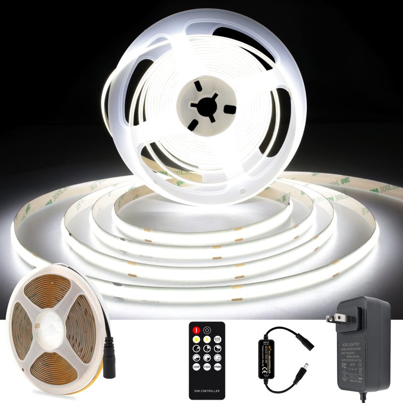 AXMOTUT White COB LED Strip Light, Dimmable 16.4ft/5m LED Light, 6000K Daylight White 2400 LEDs High Lumen LED Tape Lights CRI 90+ with RF Remote and UL Power for Bedroom,Kitchen,DIY Home Decoration - Image 1