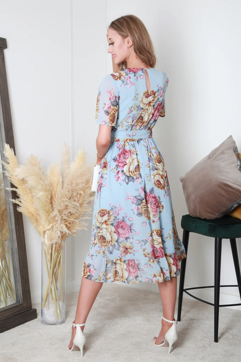 Double Second light blue floral Floral Print Frill Hem Wrap Dress for Women | Best Price UAE