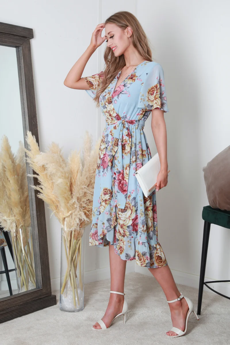 Double Second light blue floral Floral Print Frill Hem Wrap Dress for Women | Best Price UAE