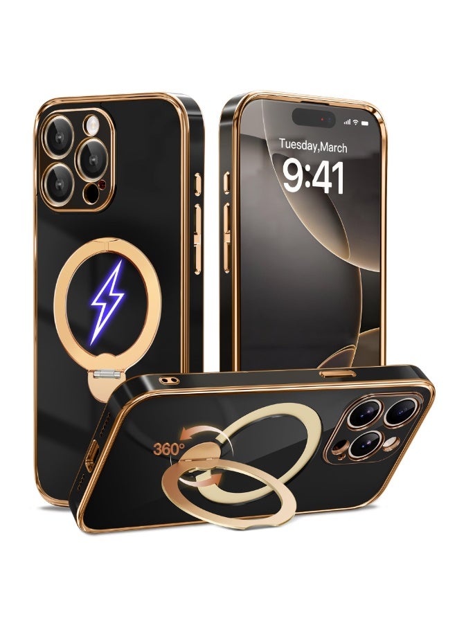 جولبينبوكس غطاء هاتف آيفون 15 برو ماكس مع حامل مغناطيسي دوار بزاوية 360°، متوافق مع MagSafe، حماية ضد السقوط، حامل حلقي مدمج، غطاء مقاوم للصدمات، أسود ذهبي - Image 1
