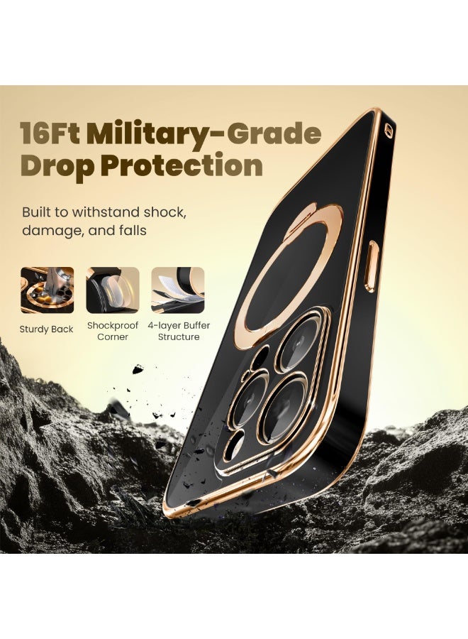 جولبينبوكس غطاء هاتف آيفون 15 برو ماكس مع حامل مغناطيسي دوار بزاوية 360°، متوافق مع MagSafe، حماية ضد السقوط، حامل حلقي مدمج، غطاء مقاوم للصدمات، أسود ذهبي - Image 5