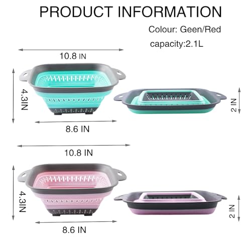 Fglmctsh Collapsible Colander Set Square Round Triangles Silicone Kitchen Strainer Perfect for Draining Pasta Vegetable fruit 2 PCS 108L x 86W x 2H Red Green - Image 3