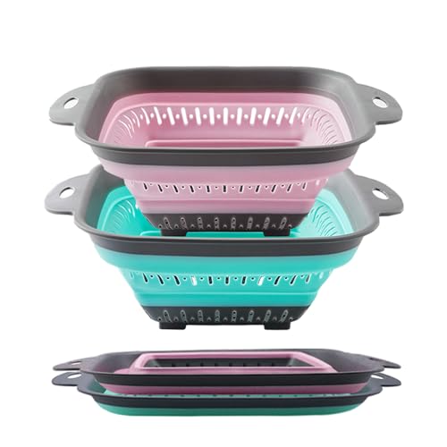 Fglmctsh Collapsible Colander Set Square Round Triangles Silicone Kitchen Strainer Perfect for Draining Pasta Vegetable fruit 2 PCS 108L x 86W x 2H Red Green - Image 1