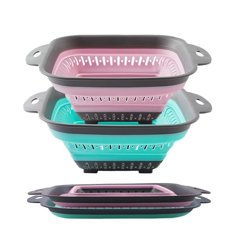 Fglmctsh Collapsible Colander Set Square Round Triangles Silicone Kitchen Strainer Perfect for Draining Pasta Vegetable fruit 2 PCS 108L x 86W x 2H Red Green - Image 2