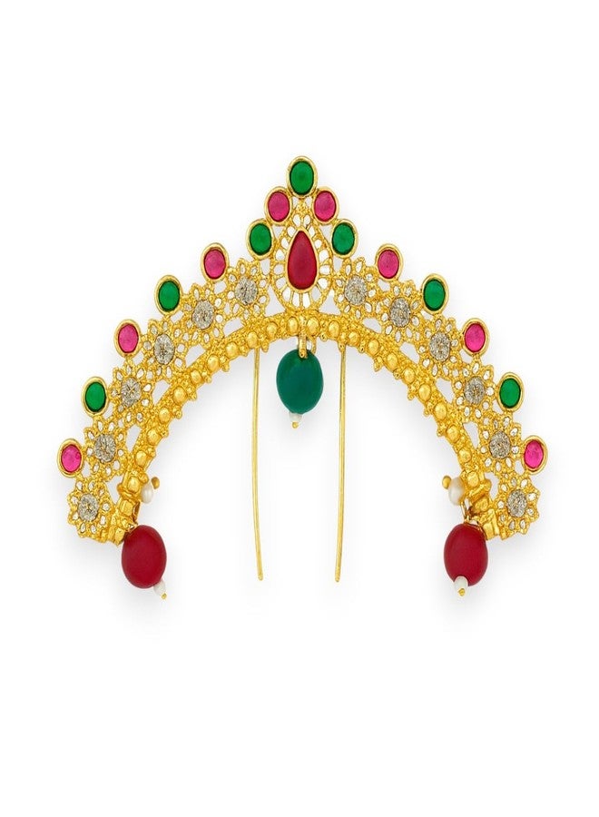 ACCESSHER Women's & Girls Traditional Gold-Plated Pink-Green Stone Bridal Juda Pin Hair Brooch Temple Style Hair Accessories Hairstyle Decoration Hair Clip for Wedding - Image 1