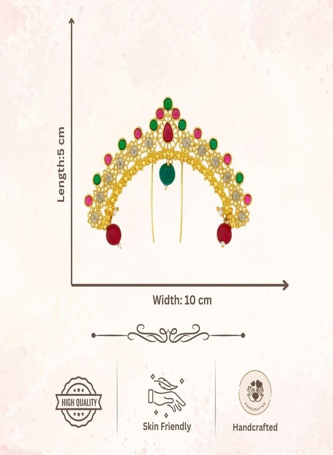 ACCESSHER Women's & Girls Traditional Gold-Plated Pink-Green Stone Bridal Juda Pin Hair Brooch Temple Style Hair Accessories Hairstyle Decoration Hair Clip for Wedding - Image 5