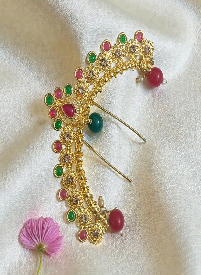 ACCESSHER Women's & Girls Traditional Gold-Plated Pink-Green Stone Bridal Juda Pin Hair Brooch Temple Style Hair Accessories Hairstyle Decoration Hair Clip for Wedding - Image 4