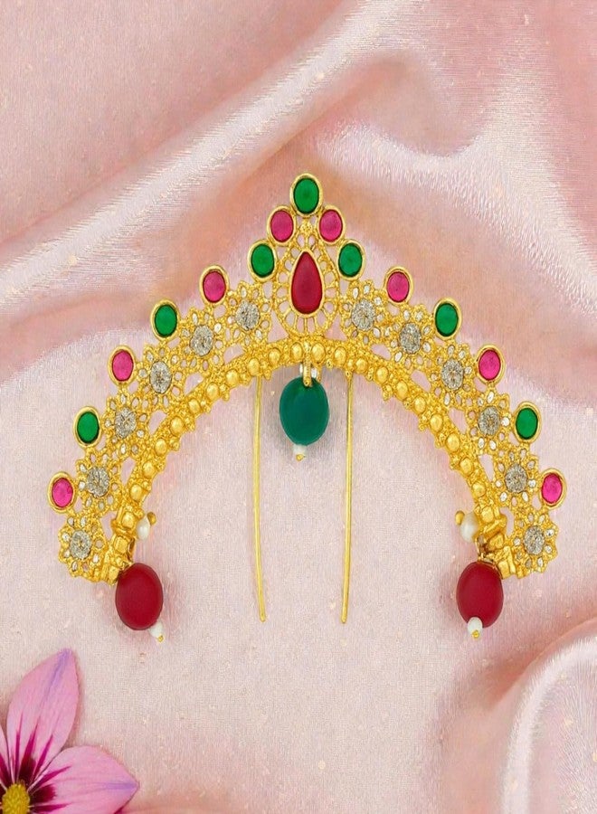 ACCESSHER Women's & Girls Traditional Gold-Plated Pink-Green Stone Bridal Juda Pin Hair Brooch Temple Style Hair Accessories Hairstyle Decoration Hair Clip for Wedding - Image 3