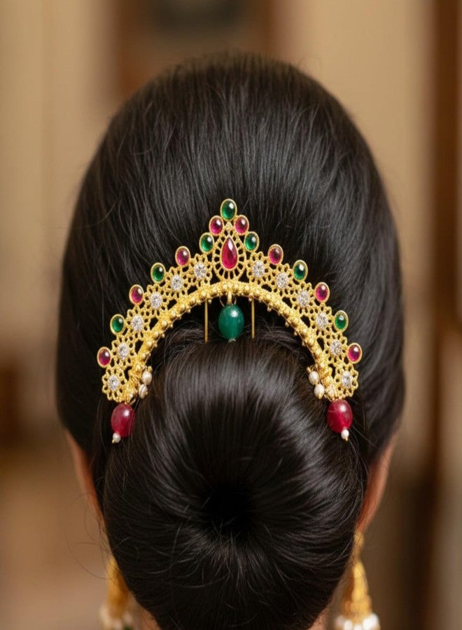 ACCESSHER Women's & Girls Traditional Gold-Plated Pink-Green Stone Bridal Juda Pin Hair Brooch Temple Style Hair Accessories Hairstyle Decoration Hair Clip for Wedding - Image 2