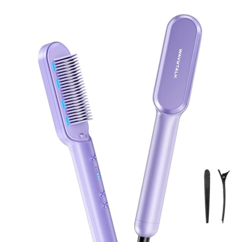 Wavytalk Purple Ionic Hair Straightening Brush, 6 Temp Settings, Anti-Scald Ceramic Comb, Dual Voltage, Straightens in One Stroke - Image 1