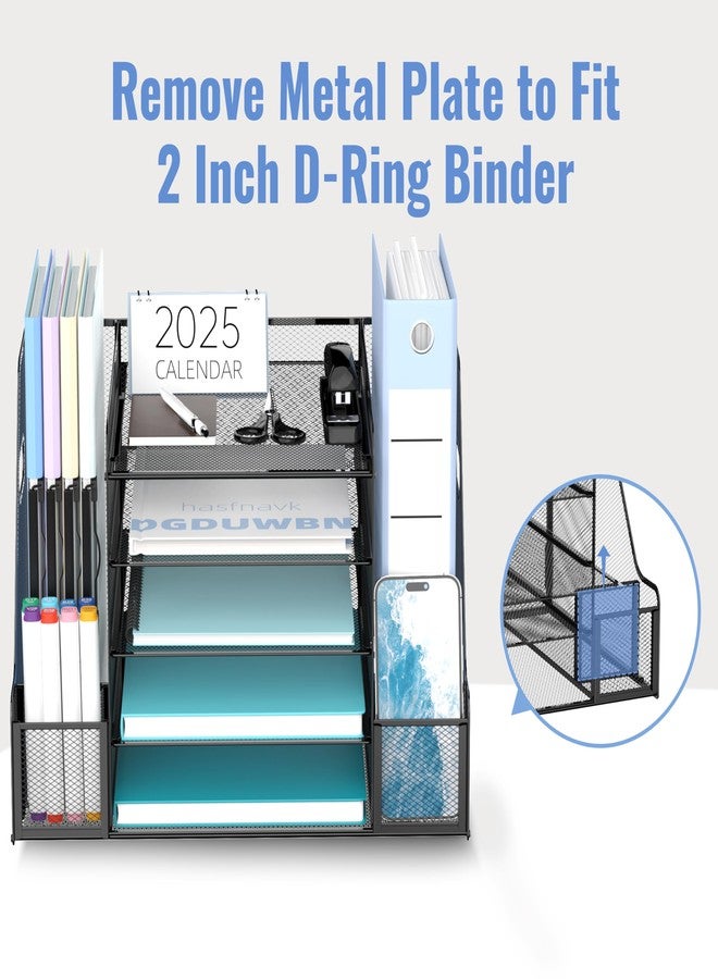 SUPEASY 5-Tier Mesh Desk Organizer with File Holder & Bookends, Metal Paper Letter Tray Organizer with 2 Pen Cups, Large-Capacity Desktop File Sorter for Home Office/School, Black - Image 4