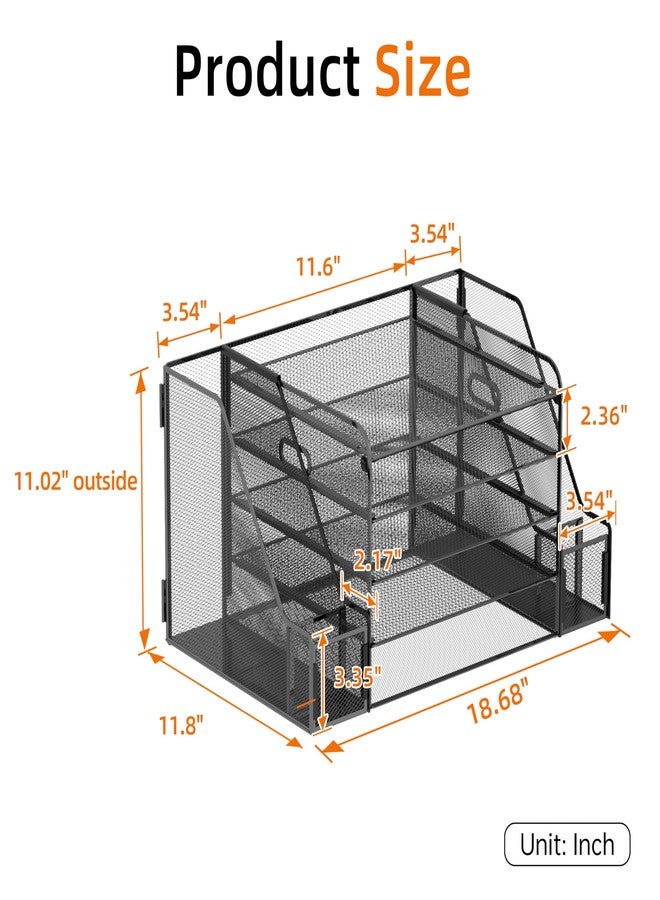 SUPEASY 5-Tier Mesh Desk Organizer with File Holder & Bookends, Metal Paper Letter Tray Organizer with 2 Pen Cups, Large-Capacity Desktop File Sorter for Home Office/School, Black - Image 3