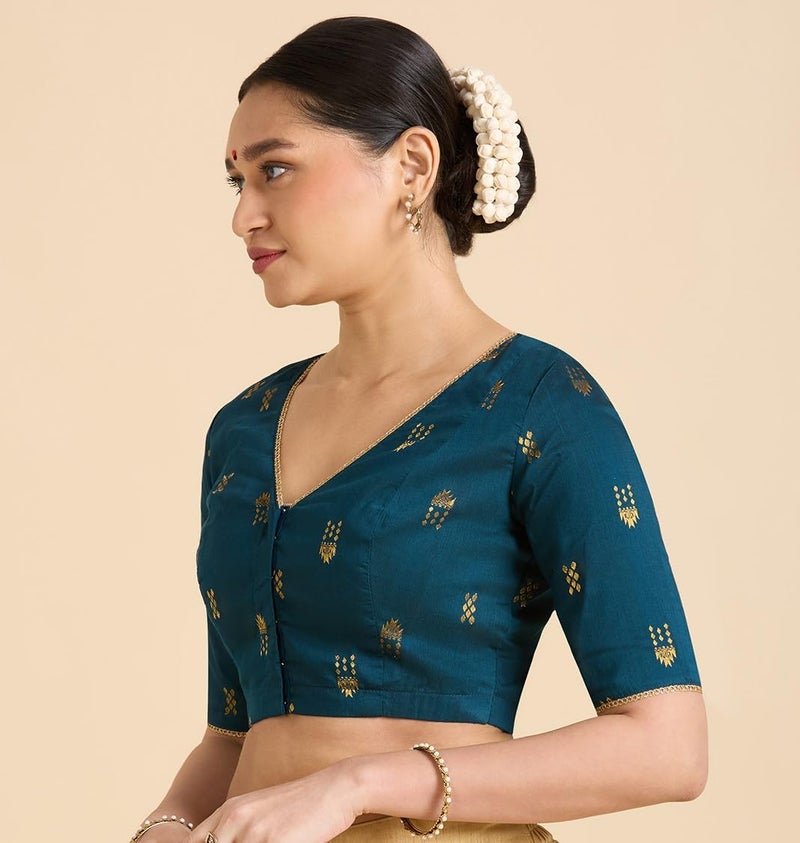 Studio Shringaar Women's Handloom Cotton Silk Readymade Saree Blouse (Midnight Blue, 40) - Image 3