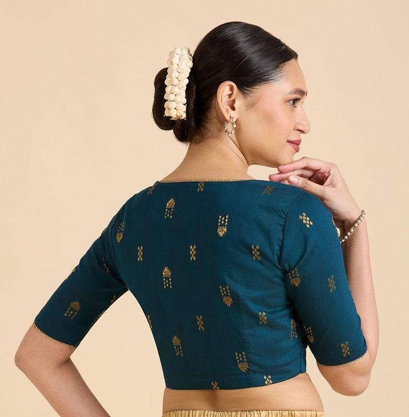Studio Shringaar Women's Handloom Cotton Silk Readymade Saree Blouse (Midnight Blue, 40) - Image 2