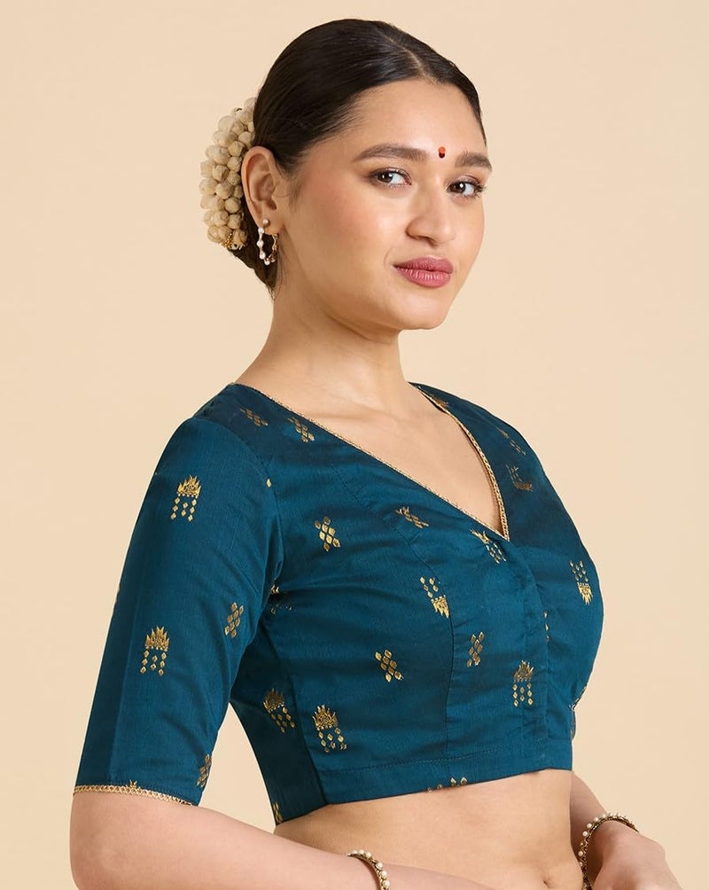 Studio Shringaar Women's Handloom Cotton Silk Readymade Saree Blouse (Midnight Blue, 40) - Image 4