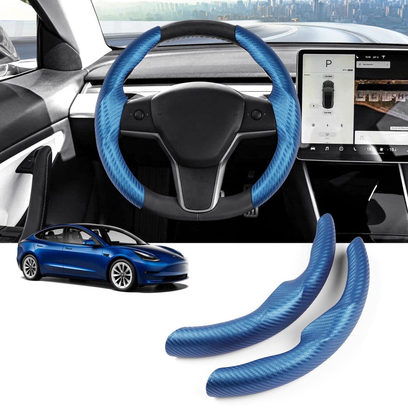 Canvcle Steering Wheel Cover for Telsa Model 3Model Y Accessories Carbon Fiber Steering Wheel Cover Protector AntiSlip Comfortable Grip Breathable Model 3Y Accessories Blue