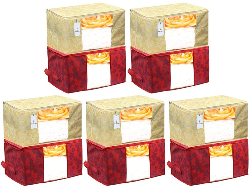 Kuber Industries Kuber Industries Metalic Printed 10 Piece Non Woven Fabric Underbed Storage BagCloth OrganiserBlanket Cover with Transparent Window Gold Red CTKTC41251  - Image 1