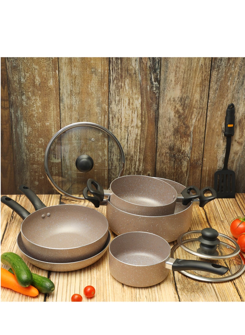 DELCASA Granite Coated Non stick Smart Cookware Set 9Pcs DC1577BGE 26cm Casserole + Lid 20cm Casserole + Lid, 26cm Frypan, 24cm Wok Pan,16cm Saucepan  - Image 3