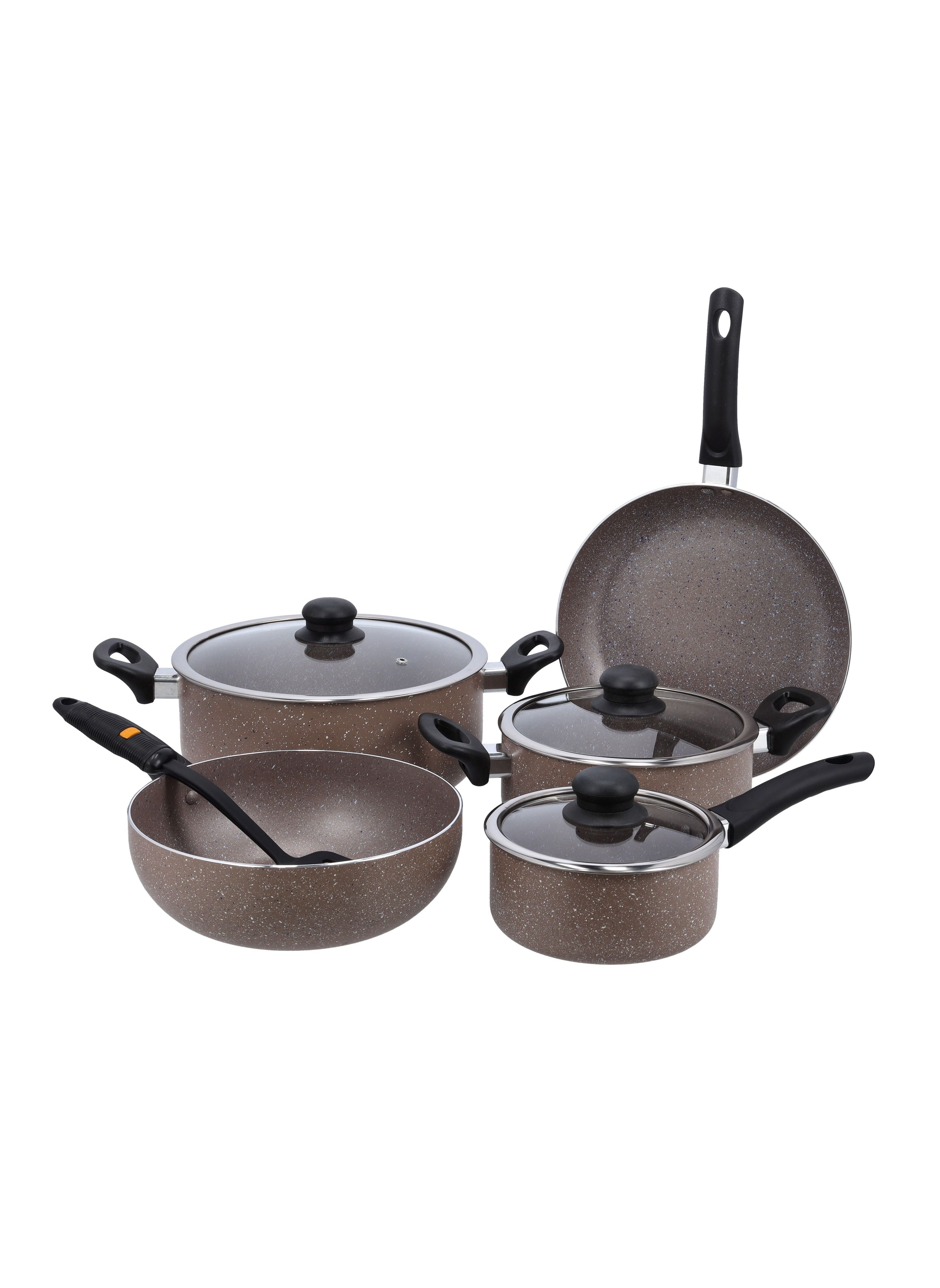 DELCASA Granite Coated Non stick Smart Cookware Set 9Pcs DC1577BGE 26cm Casserole + Lid 20cm Casserole + Lid, 26cm Frypan, 24cm Wok Pan,16cm Saucepan 