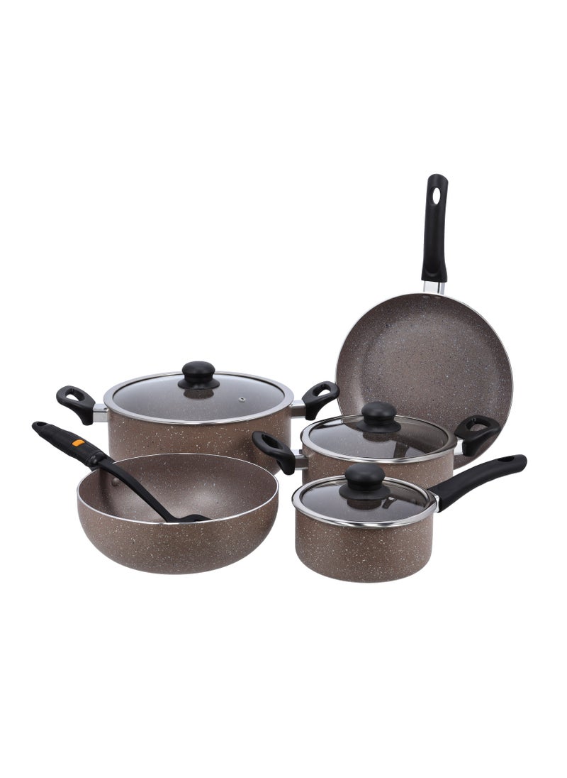 DELCASA Granite Coated Non stick Smart Cookware Set 9Pcs DC1577BGE 26cm Casserole + Lid 20cm Casserole + Lid, 26cm Frypan, 24cm Wok Pan,16cm Saucepan  - Image 1