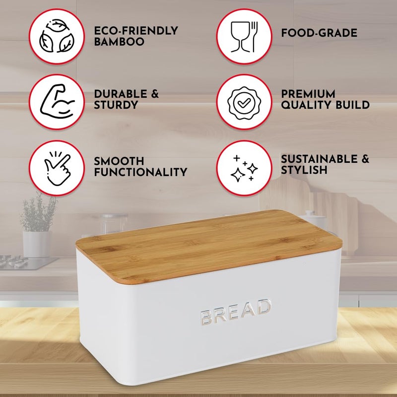 Culinary Couture White Bread Box for Kitchen Countertop with Bamboo Lid - Large BreadBox for Homemade Bread - Storage BreadBox with Cutting Board Lid - Image 3