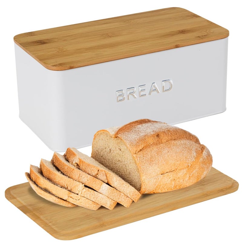 Culinary Couture White Bread Box for Kitchen Countertop with Bamboo Lid - Large BreadBox for Homemade Bread - Storage BreadBox with Cutting Board Lid - Image 1