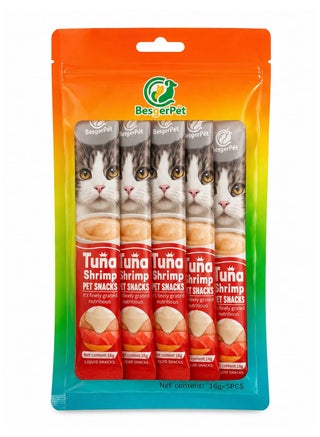 🐱🦐 BesgerPet Creamy Cat Treats with Tuna & Shrimp | High-Protein Liquid Cat Snack | 5 x 16g Sticks (80g)