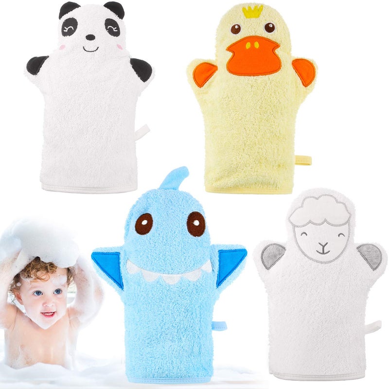 Shappy 4 Pieces Baby Bath Mitt Washcloths Gloves Designed in Nice Cute Animal Style Yellow Duck Shark Panda Sheep Cotton Towel Gentle Scrub for Baby Toddler Kids Bath and Shower  - Image 1