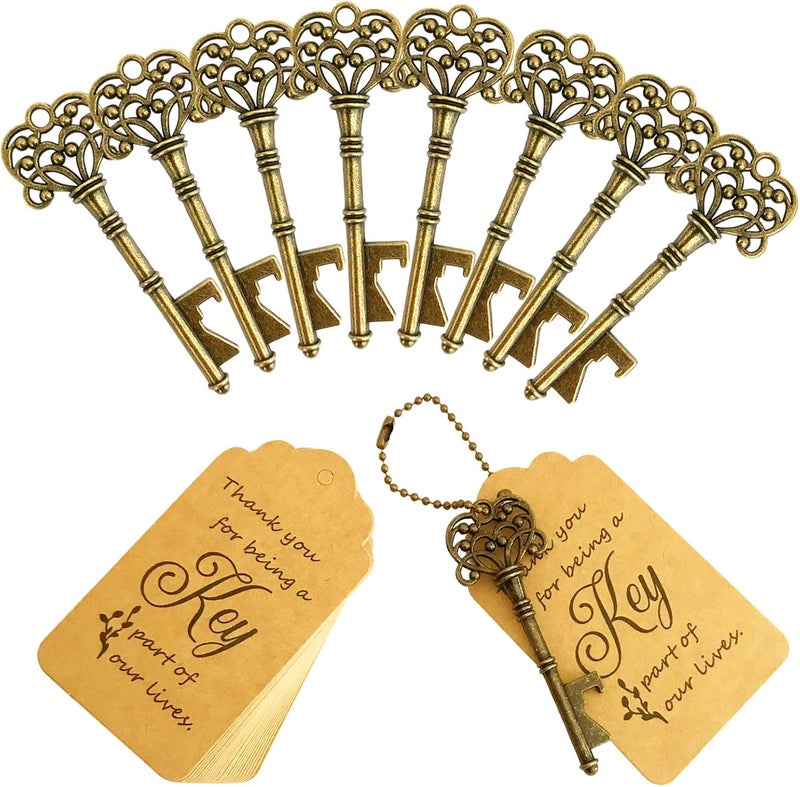 WODEGIFT 100 PCS Key Bottle Openers,Vintage Skeleton Key Bottle Opener with Escort Card Tag and Key Chains, Rustic Decoration for Wedding Favors,Return Gifts for Housewarming(Bronze) - Image 1