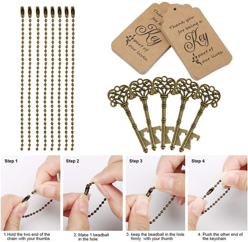 WODEGIFT 100 PCS Key Bottle Openers,Vintage Skeleton Key Bottle Opener with Escort Card Tag and Key Chains, Rustic Decoration for Wedding Favors,Return Gifts for Housewarming(Bronze) - Image 3