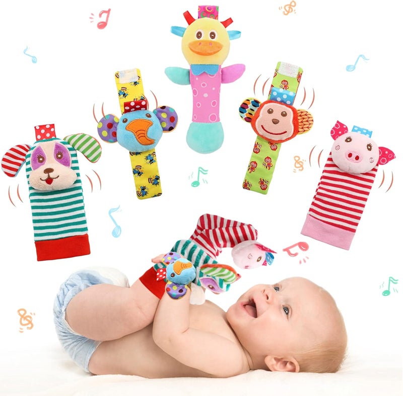 BLOOBLOOMAX Wrist Rattles Foot Finder Rattle Sock Baby Toy, Rattle Toy, Arm Hand Bracelet Rattle, Feet Leg Ankle Socks, Activity Rattle Present Gift for Newborn Infant Babies Boy Girl Bebe (5 pcs-I) - Image 1