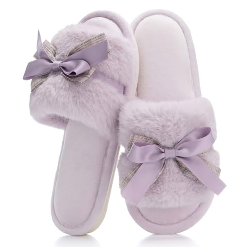GOEWY House Slippers for Women Open Toe Fuzzy Cute Bow Slippers with Memory Foam Fluffy Cozy Birthday Gifts for Women Mom Indoor and Outdoor Size 7 8 Beige - Image 1